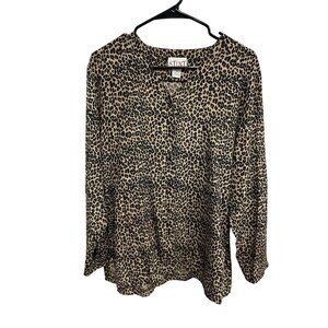 Vintage Stunt Silk Leopard Print Blouse Brown Black Sz Medium Button Front Retro